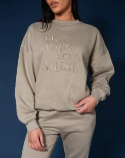 Be Your Own Muse Embroidered Sweatshirt Khaki -LoafLuxe Shop 133333461copy