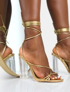 Clara Metallic Gold Pu Strappy Lace Up Round Toe Clear Perspex Heels -LoafLuxe Shop 16