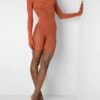 Mesh And Lace Panel Off Shoulder Short Unitard Burnt Orange -LoafLuxe Shop 1771A2743copy