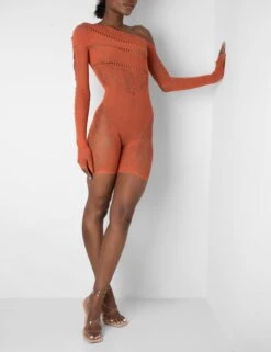 Mesh And Lace Panel Off Shoulder Short Unitard Burnt Orange