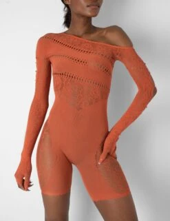 Mesh And Lace Panel Off Shoulder Short Unitard Burnt Orange -LoafLuxe Shop 1771A2754copy