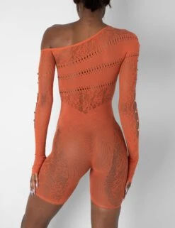 Mesh And Lace Panel Off Shoulder Short Unitard Burnt Orange -LoafLuxe Shop 1771A2765copy