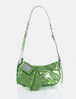 The Trackstar Lime Metallic Pu Studded Mirror Zip Detail Handbag