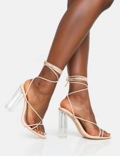 Clara Nude Pu Strappy Lace Up Round Toe Clear Perspex Heels 10 Clara Nude Pu Strappy Lace Up Round Toe Clear Perspex Heels -LoafLuxe Shop 19