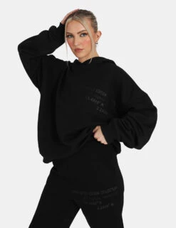 Oversized Text Detail Hoodie Black