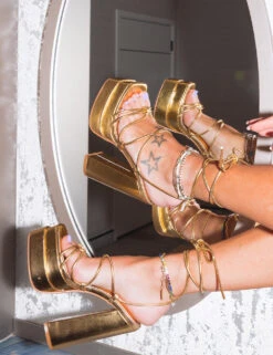 Glow Girl Gold PU Lace Up Platform High Heels -LoafLuxe Shop 202A6981copy