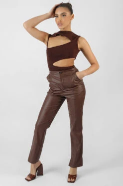 Pu Seam Front Split Detail Trousers Chocolate -LoafLuxe Shop 24.11 883