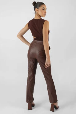 Pu Seam Front Split Detail Trousers Chocolate -LoafLuxe Shop 24.11 899