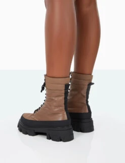 Refresh Mocha PU Nylon Lace Up Platform Chunky Sole Ankle Boots -LoafLuxe Shop 31.08PDECOM0677