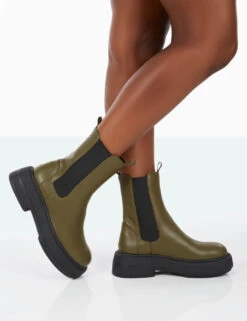 Barbie Dark Khaki Pu Platform Chunky Sole Chelsea Boots -LoafLuxe Shop 31.08PDECOM0721