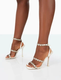 Tilly Off White Satin Sparkly Diamante Strappy Square Toe Heels -LoafLuxe Shop 31.08PDECOM0801