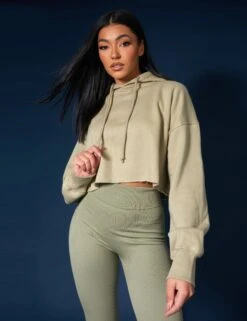 Oversized Cropped Light Khaki Sweat Hoodie -LoafLuxe Shop 33333512