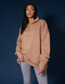 Oversized Half Zip Pullover Sweat Dress Camel -LoafLuxe Shop 33333561