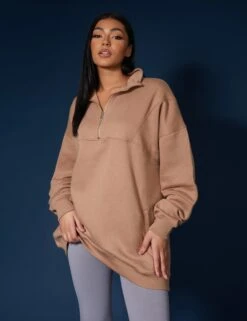 Oversized Half Zip Pullover Sweat Dress Camel -LoafLuxe Shop 33333567