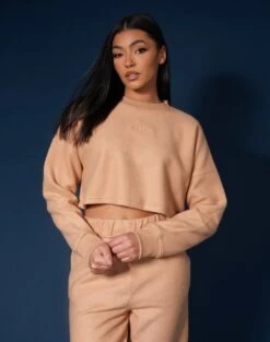 Kaiia Fluffy Cropped Sweatshirt Camel -LoafLuxe Shop 33333591copy