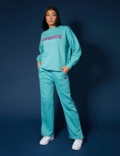 Seam Front Straight Leg Embroidered Joggers Aqua