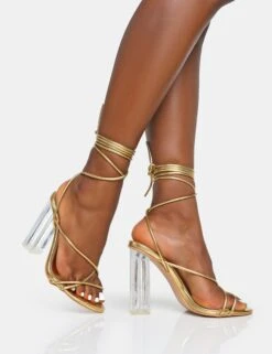 Clara Metallic Gold Pu Strappy Lace Up Round Toe Clear Perspex Heels -LoafLuxe Shop 3 0c5b74f2 2f81 402f bc02 231c03162a01