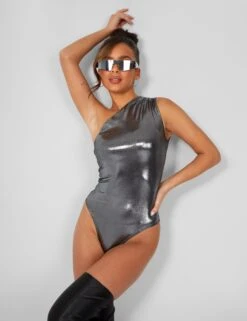 One Shoulder Ruched Metallic Bodysuit Silver -LoafLuxe Shop 3 0cf32e5e ae11 4ff4 b793 e215536280b4