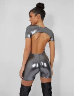 Metallic Open Back Detail Short Sleeve Unitard Playsuit Silver -LoafLuxe Shop 3 504145d8 45f2 4608 ab0b 65ba2eb279a2