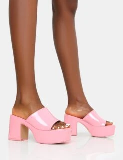 Ariel Pink Patent Patent Mule Chunky Mid Platform Heels
