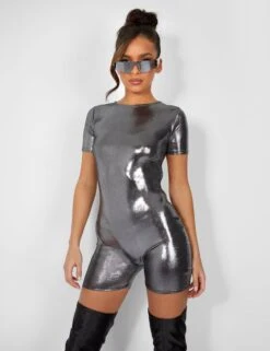 Metallic Open Back Detail Short Sleeve Unitard Playsuit Silver -LoafLuxe Shop 4 69a12414 e7ed 4a89 abad a7856193d2f2