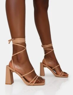 Natty Wide Fit Nude Pu Lace Up Square Toe Mid Block Heels