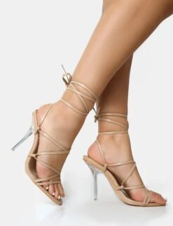 NOBU NUDE PU LACE UP ROUND TOE PERSPEX STILETTO HEELS -LoafLuxe Shop 4copy