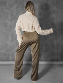 Split Hem Satin Elasticated Waist Wide Leg Cargo Trousers Khaki -LoafLuxe Shop 6copy