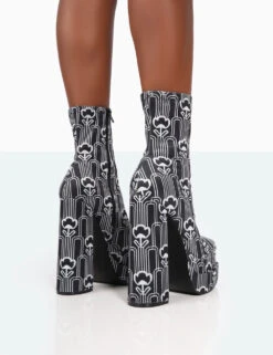 Supreme Black Floral Print Nylon Platform Block Heel Ankle Boots -LoafLuxe Shop 771A0002