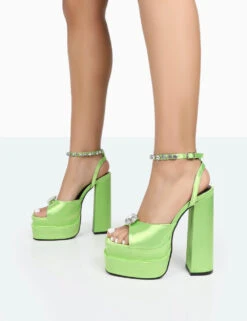 Frozen Lime Satin Sparkly Diamante Strap Open Toe Block Platform Heels -LoafLuxe Shop 771A0073