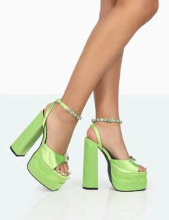 Frozen Lime Satin Sparkly Diamante Strap Open Toe Block Platform Heels -LoafLuxe Shop 771A0074