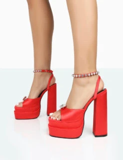Frozen Red Satin Sparkly Diamante Strap Open Toe Block Platform Heels -LoafLuxe Shop 771A0077
