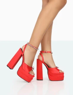 Frozen Red Satin Sparkly Diamante Strap Open Toe Block Platform Heels -LoafLuxe Shop 771A0078
