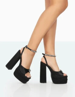 Frozen Black Satin Diamante Strap Open Toe Block Platform Heels -LoafLuxe Shop 771A0082