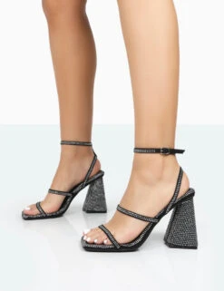 Skye Black Faux Suede Sparkly Diamante Open Toe Block High Heels -LoafLuxe Shop 771A0085