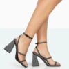 Skye Black Faux Suede Sparkly Diamante Open Toe Block High Heels -LoafLuxe Shop 771A0086