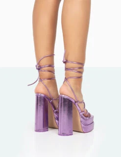 Glow Girl Purple Metallic PU Lace Up Platform High Heels -LoafLuxe Shop 771A0103