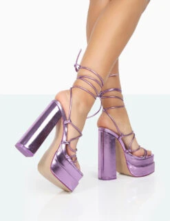 Glow Girl Purple Metallic PU Lace Up Platform High Heels -LoafLuxe Shop 771A0104