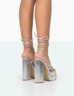 Glow Girl Silver Metallic PU Lace Up Platform High Heels -LoafLuxe Shop 771A0108