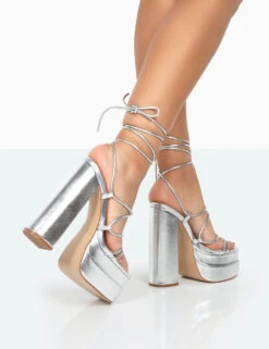 Glow Girl Silver Metallic PU Lace Up Platform High Heels -LoafLuxe Shop 771A0109