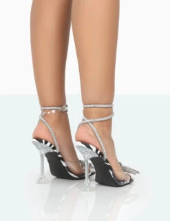 Glimmer Zebra Monochrome Wrap Around Diamante Bow Square Toe Heels -LoafLuxe Shop 771A0141