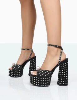 Mia Black Satin Pearl Open Toe Block Platform Heels -LoafLuxe Shop 771A0148