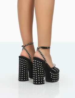 Mia Black Satin Pearl Open Toe Block Platform Heels -LoafLuxe Shop 771A0150