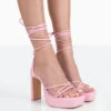 Bring It Pink Pu Square Toe Lace Up Strappy Platform Thin Block Heels -LoafLuxe Shop 771A0222