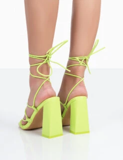 Coco Lime Grain Square Toe Strappy Lace Up Block Heels -LoafLuxe Shop 771A0267