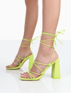 Coco Lime Grain Square Toe Strappy Lace Up Block Heels -LoafLuxe Shop 771A0268