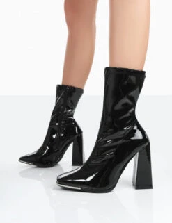 Liberty Wide Fit Black Patent Sock Block Heeled Ankle Boots -LoafLuxe Shop 771A0276