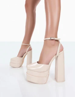 Moonchild Wide Fit Ecru Patent Closed Toe Statement Platform Block Heels -LoafLuxe Shop 771A0336