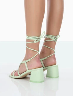 Mabel Wide Fit Mint PU Ankle Tie Mid Block Heeled Sandals -LoafLuxe Shop 771A0428