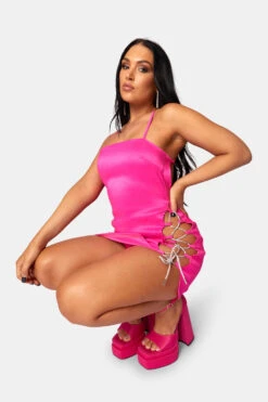 Diamante Rope Square Neck Mini Dress Pink -LoafLuxe Shop 771A0568